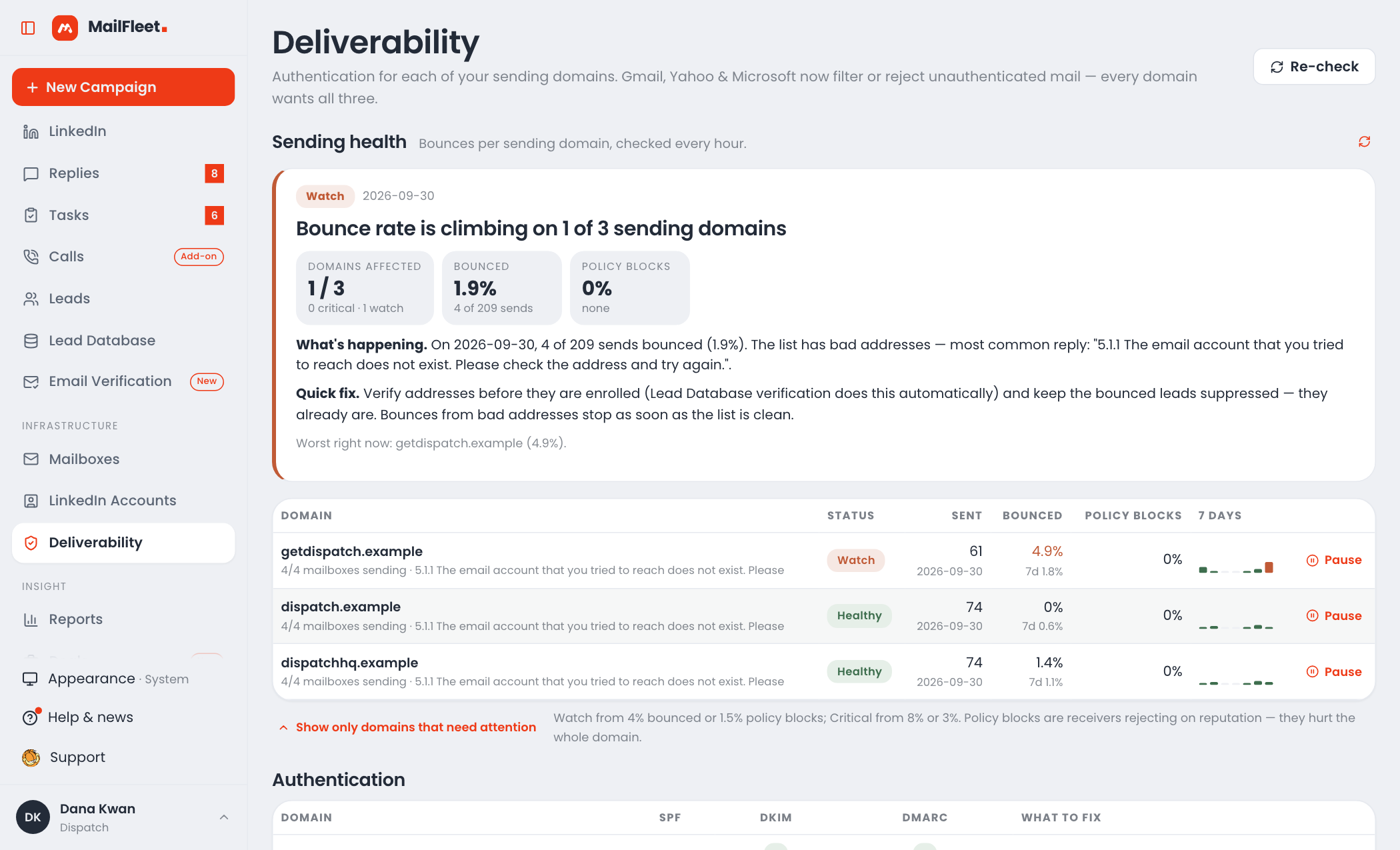 Deliverability — domain health and fixes