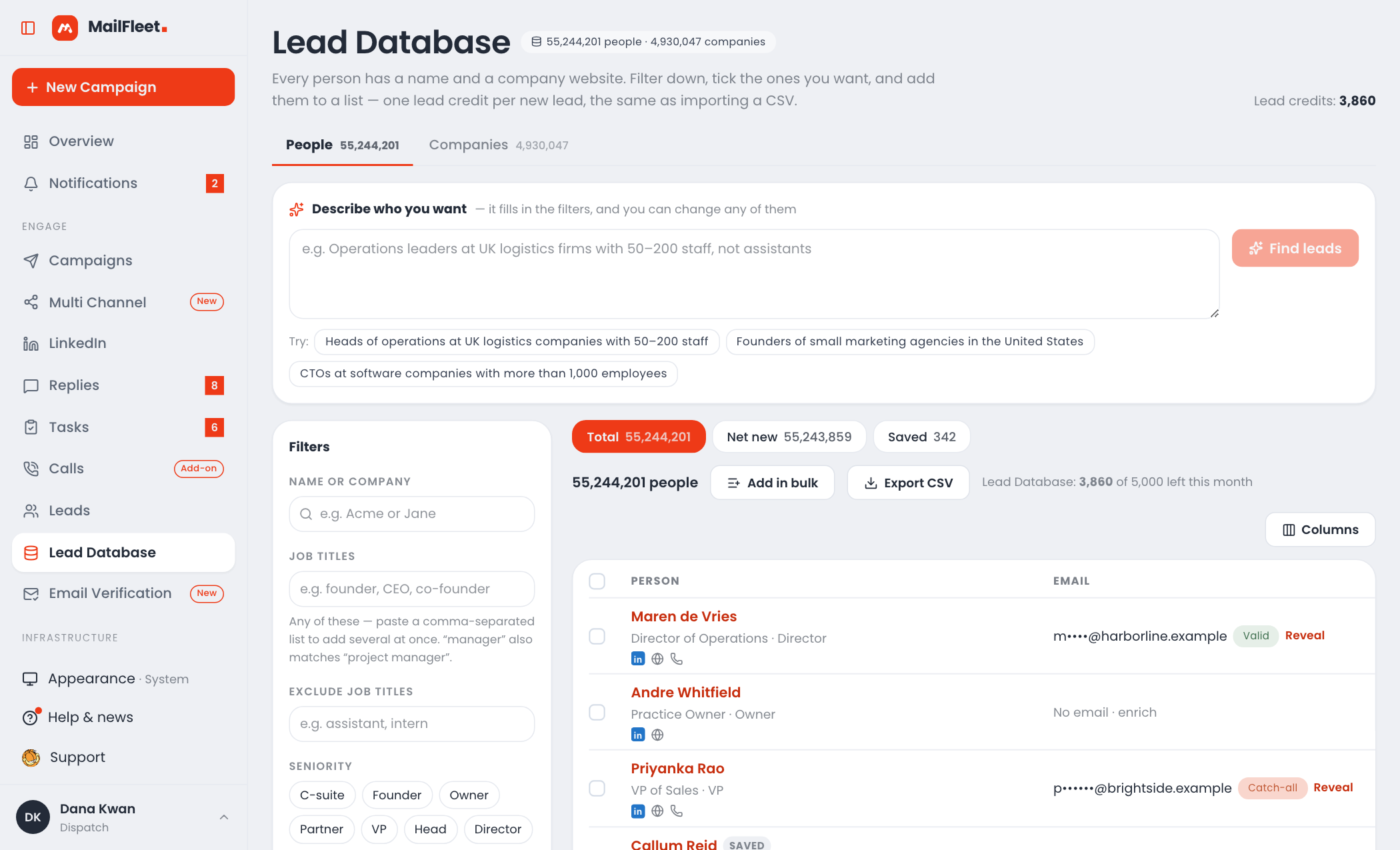 Lead Database — filters and people results