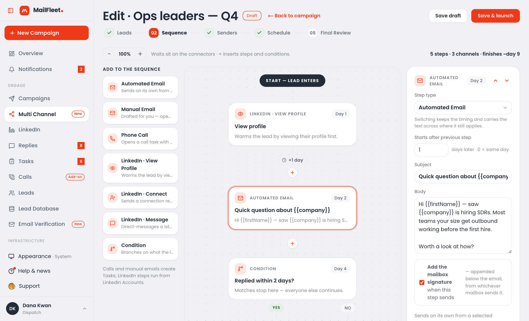 Multi Channel builder with email, LinkedIn, call and condition steps